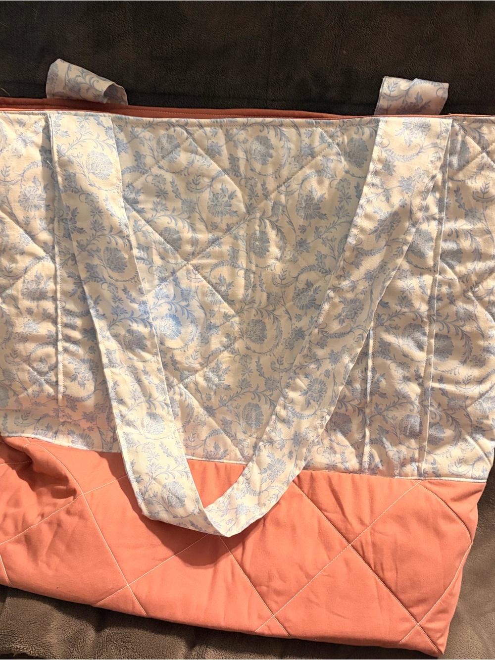 Quilted Coral and Cream Floral Tote Bag